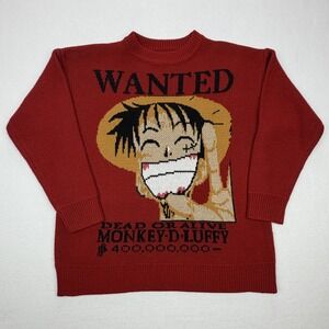 Mens One Piece Monkey D Luffy Wanted Poster Red Graphic Knit Sweater NO SIZE